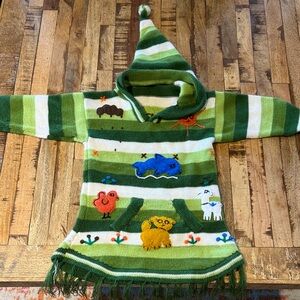 Green Striped Hooded Kids Poncho Sweatshirt with Animal Appliqués